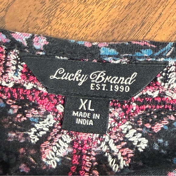 Lucky Brand Black Pink Floral Embroidered Boho Peasant Blouse Tassel Tie XL - Picture 7 of 8